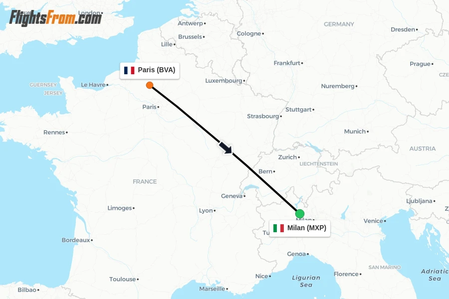 Flights from Paris to Milan route map