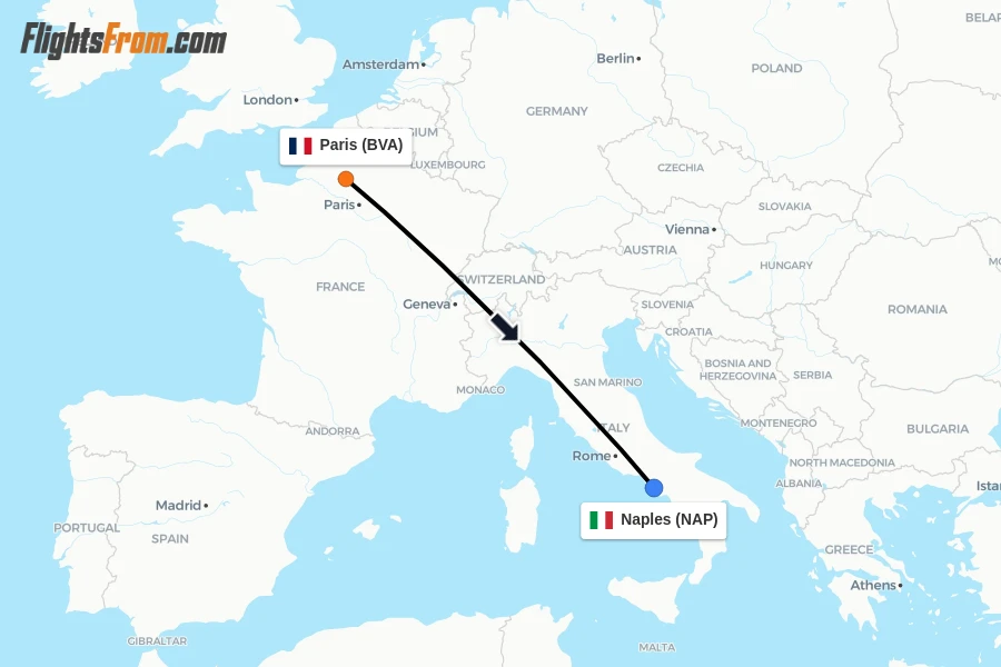 Flights from Paris to Naples route map