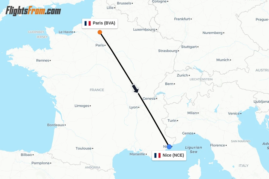 Flights from Paris to Nice route map
