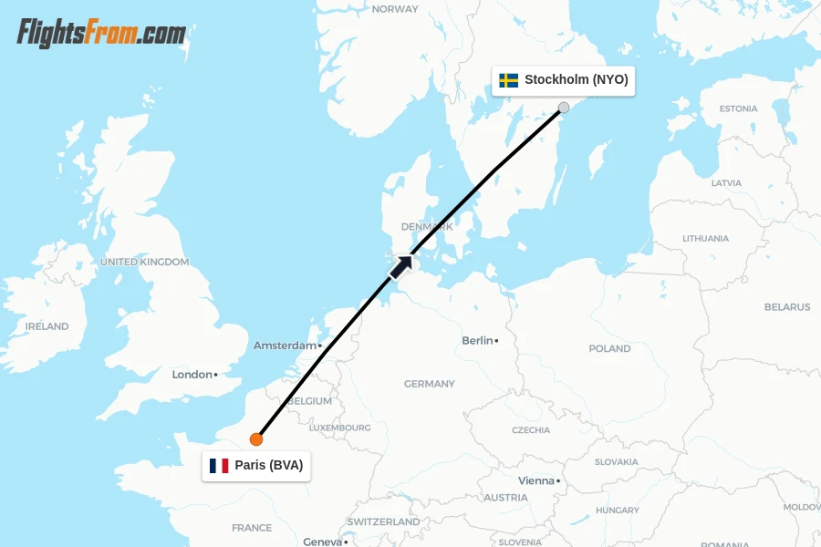 Flights from Paris to Stockholm route map