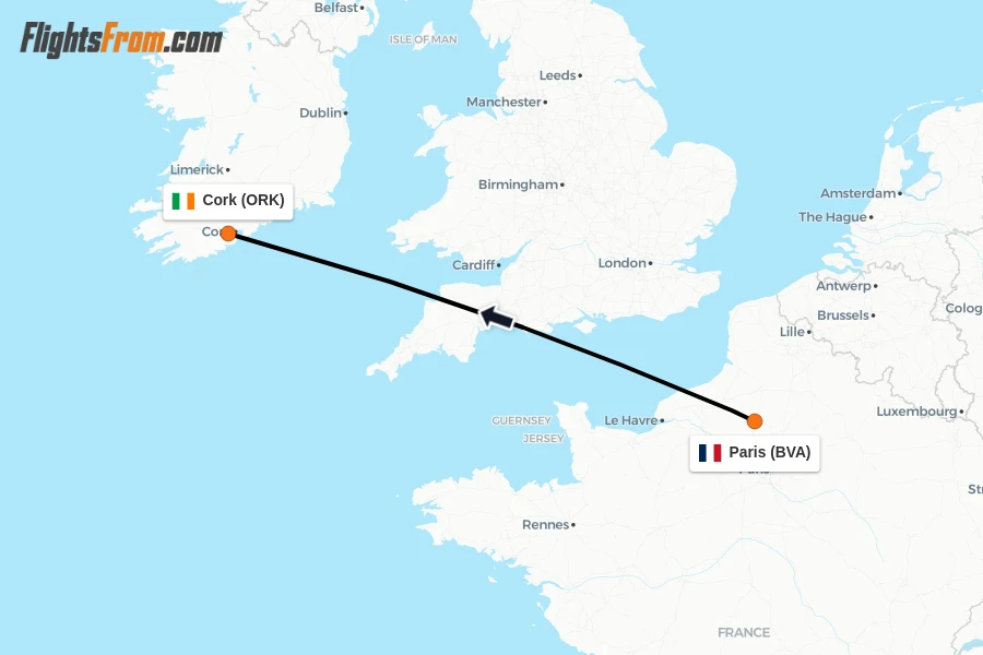 Flights from Paris to Cork route map