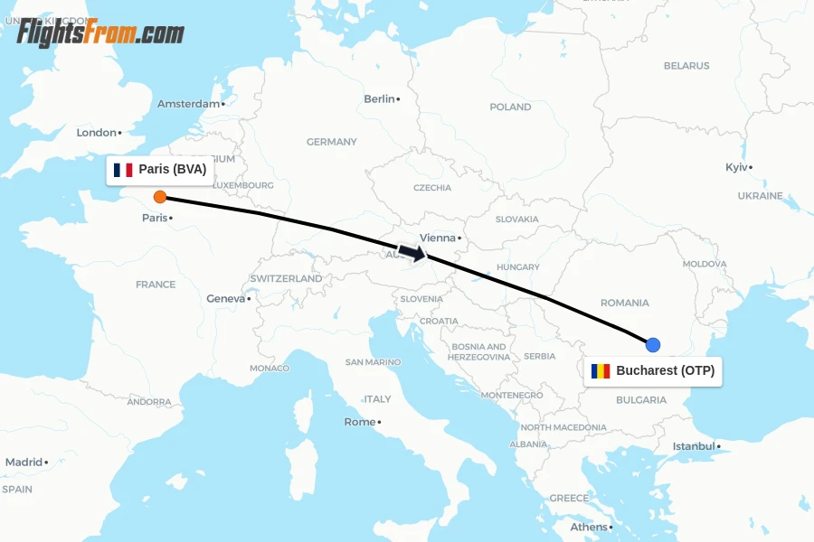 Flights from Paris to Bucharest route map