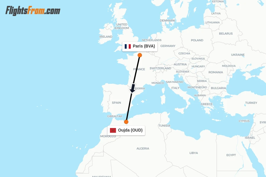 Flights from Paris to Oujda route map