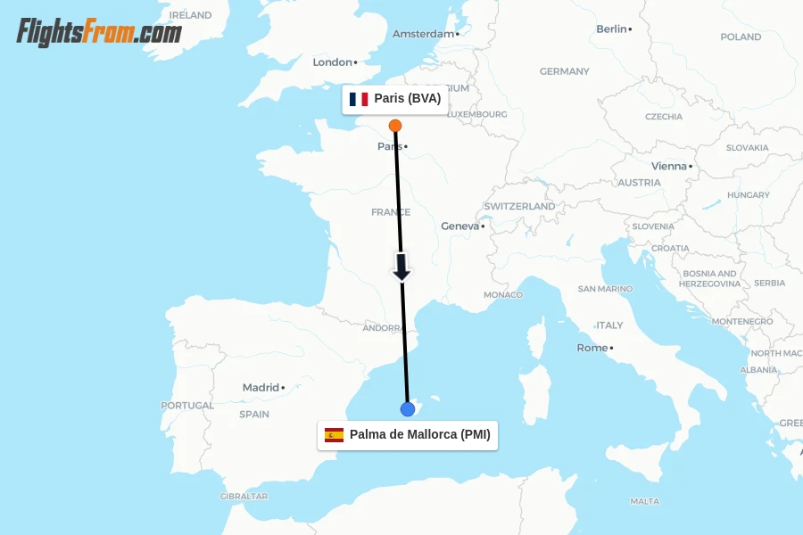 Flights from Paris to Palma de Mallorca route map