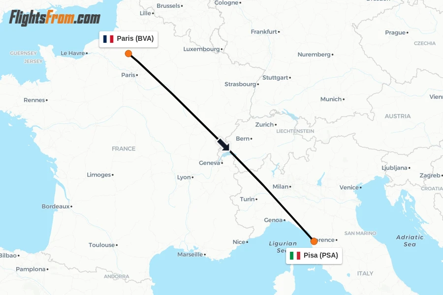 Flights from Paris to Pisa route map