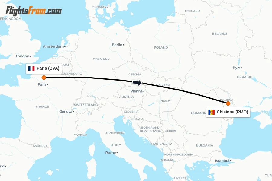 Flights from Paris to Chisinau route map