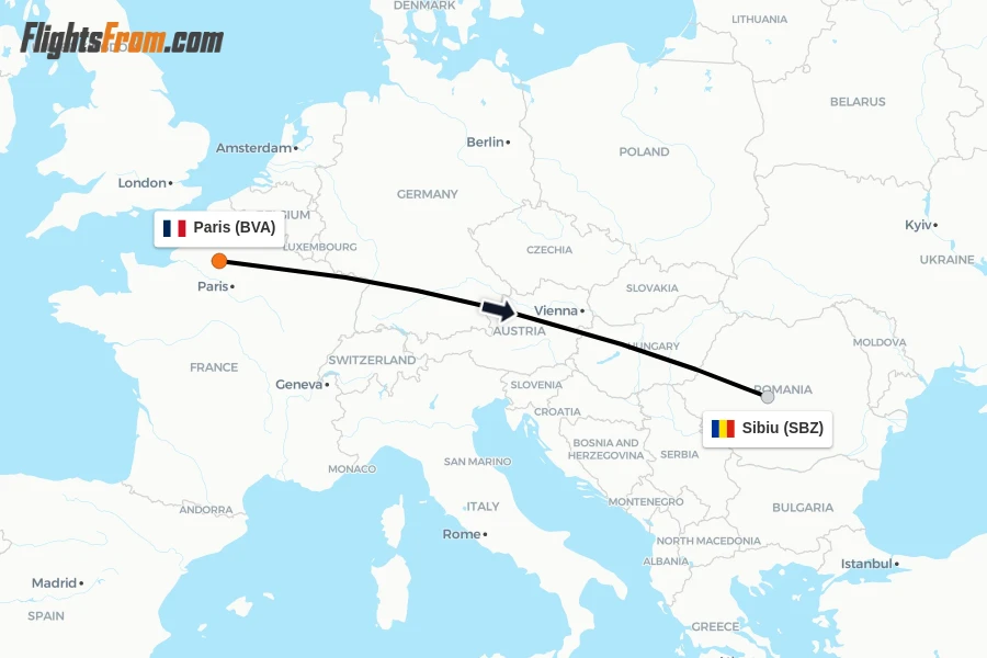 Flights from Paris to Sibiu route map