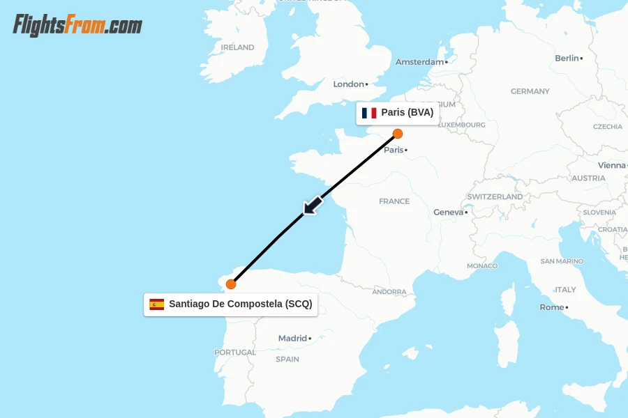 Flights from Paris to Santiago De Compostela route map