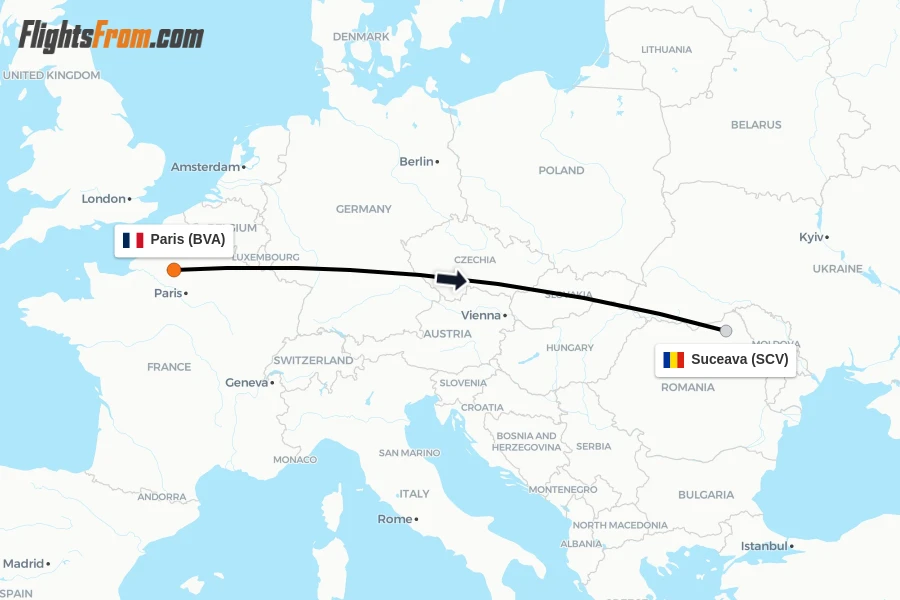 Flights from Paris to Suceava route map