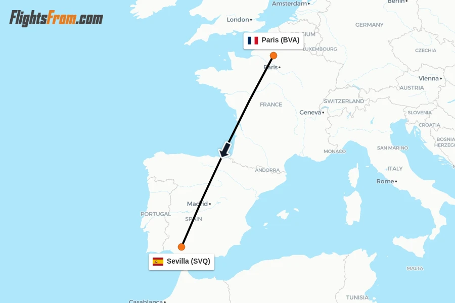 Flights from Paris to Sevilla route map