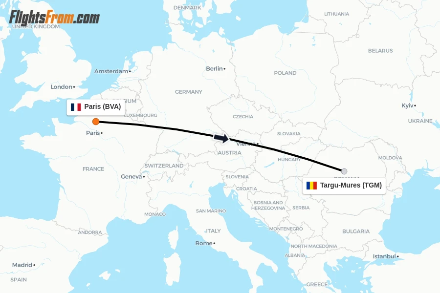 Flights from Paris to Targu-Mures route map