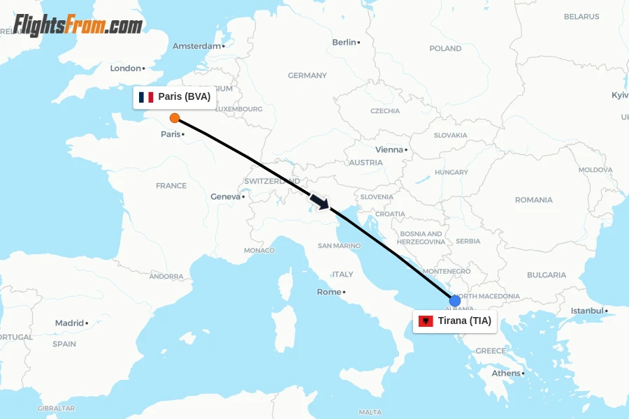 Flights from Paris to Tirana route map