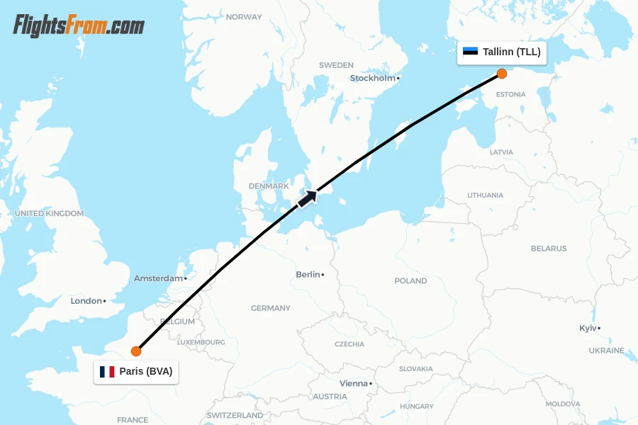 Flights from Paris to Tallinn route map