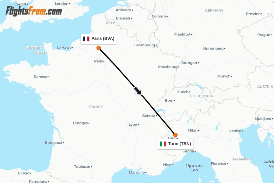Flights from Paris to Turin route map