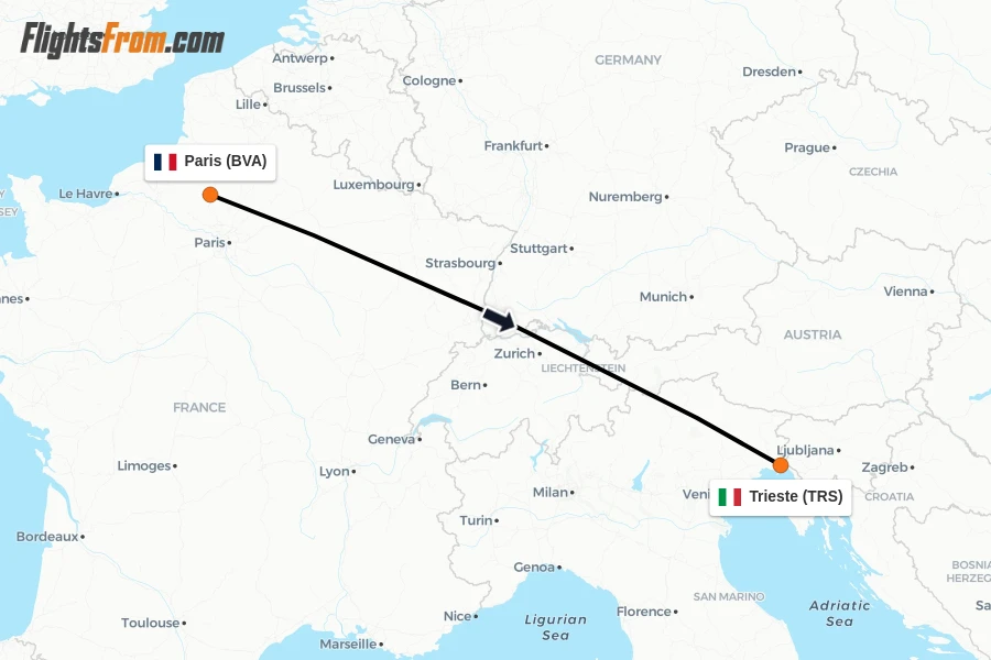 Flights from Paris to Trieste route map
