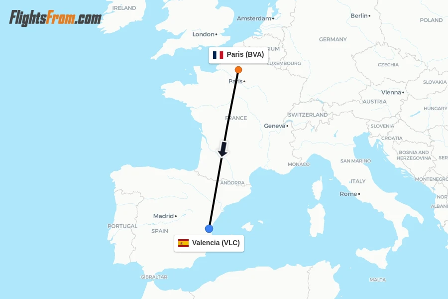 Flights from Paris to Valencia route map