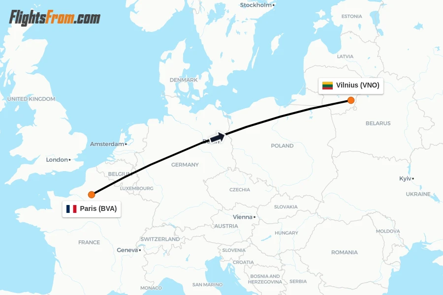 Flights from Paris to Vilnius route map