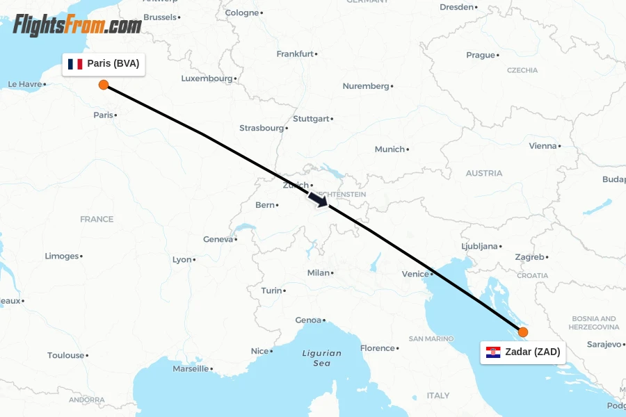 Flights from Paris to Zadar route map