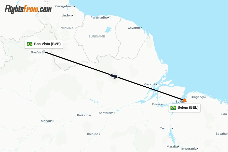 Flights from Boa Vista to Belem route map