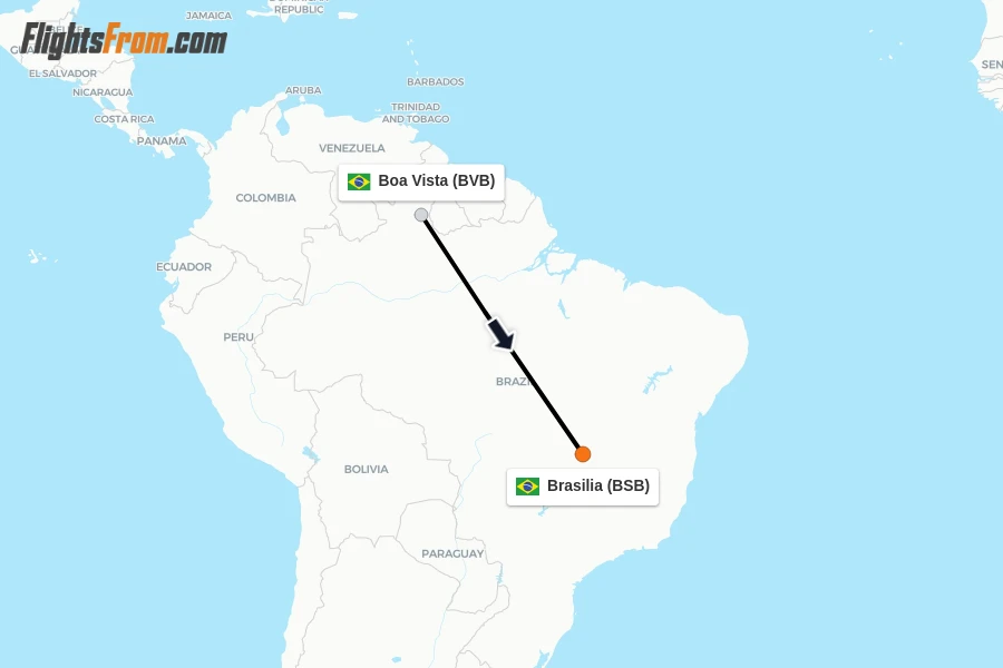 Flights from Boa Vista to Brasilia route map