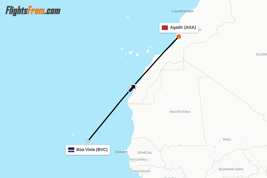 Flights from Boa Vista to Agadir route map