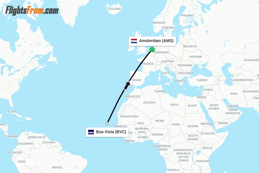 Flights from Boa Vista to Amsterdam route map