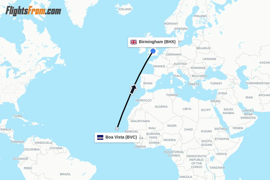 Flights from Boa Vista to Birmingham route map