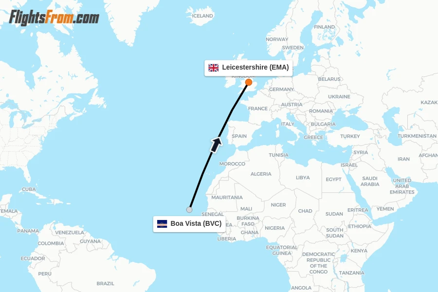 Flights from Boa Vista to Leicestershire route map
