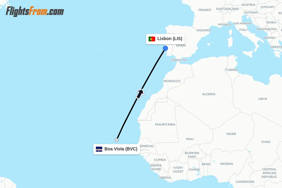 Flights from Boa Vista to Lisbon route map