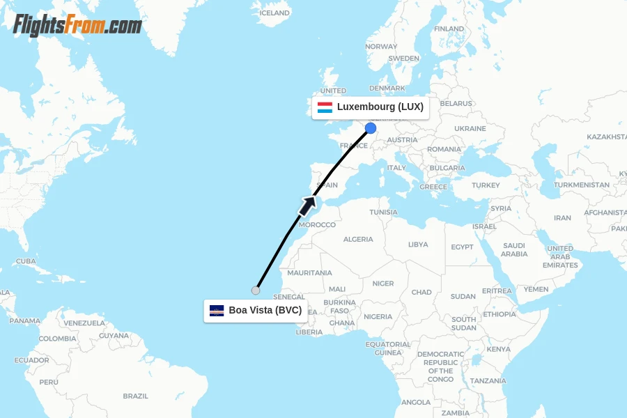 Flights from Boa Vista to Luxembourg route map