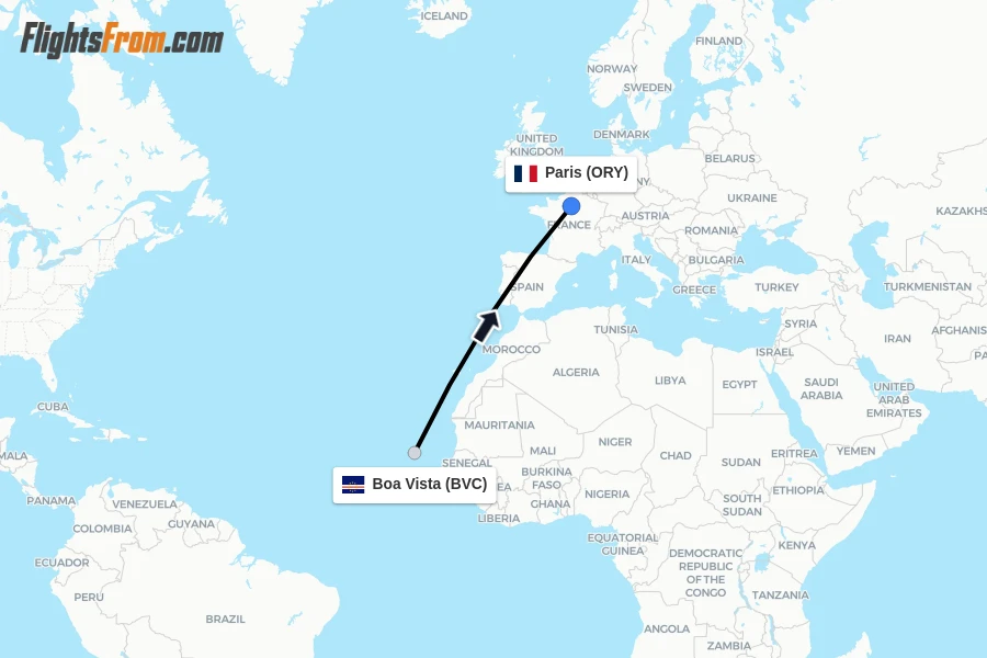 Flights from Boa Vista to Paris route map