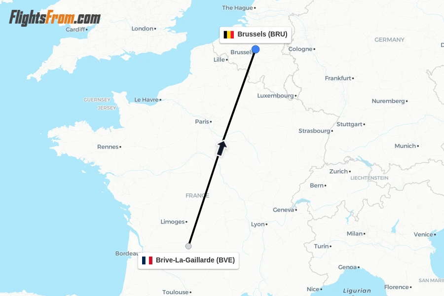 Flights from Brive-La-Gaillarde to Brussels route map