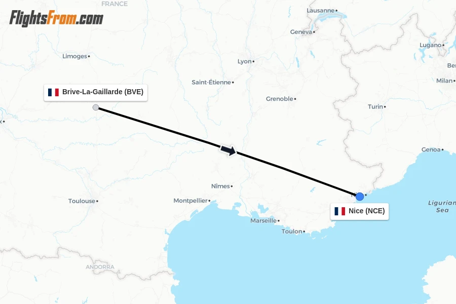 Flights from Brive-La-Gaillarde to Nice route map