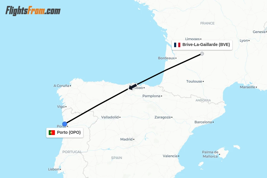 Flights from Brive-La-Gaillarde to Porto route map
