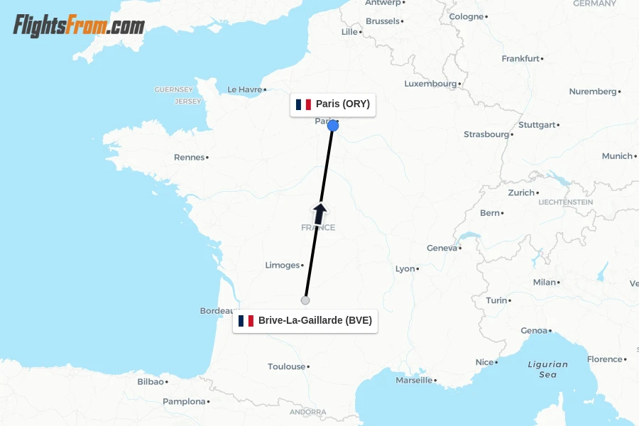 Flights from Brive-La-Gaillarde to Paris route map
