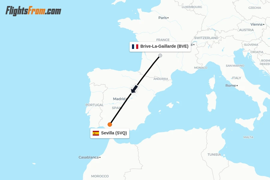 Flights from Brive-La-Gaillarde to Sevilla route map