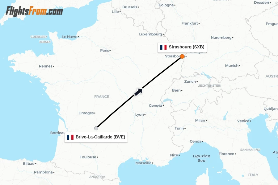 Flights from Brive-La-Gaillarde to Strasbourg route map