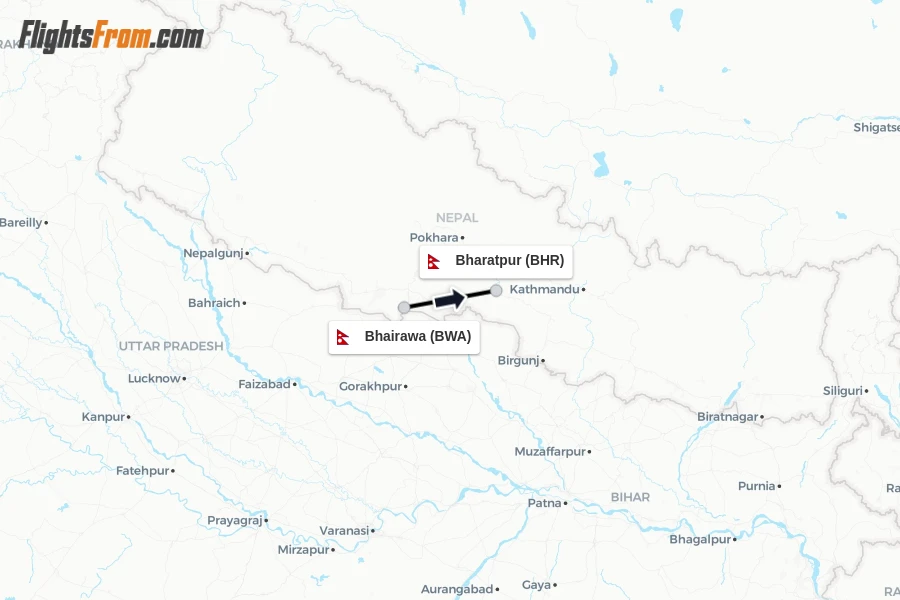 Flights from Bhairawa to Bharatpur route map