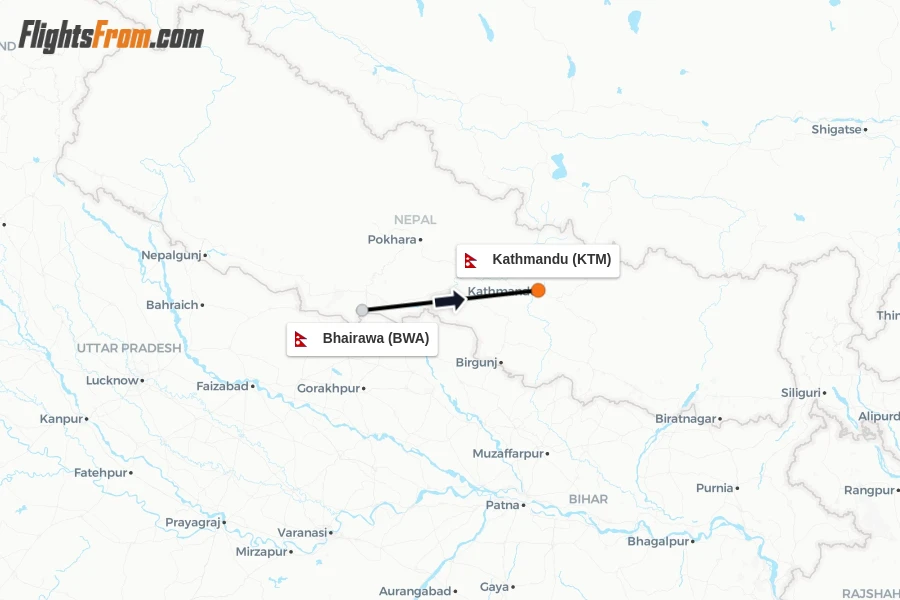 Flights from Bhairawa to Kathmandu route map