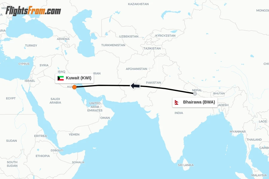 Flights from Bhairawa to Kuwait route map