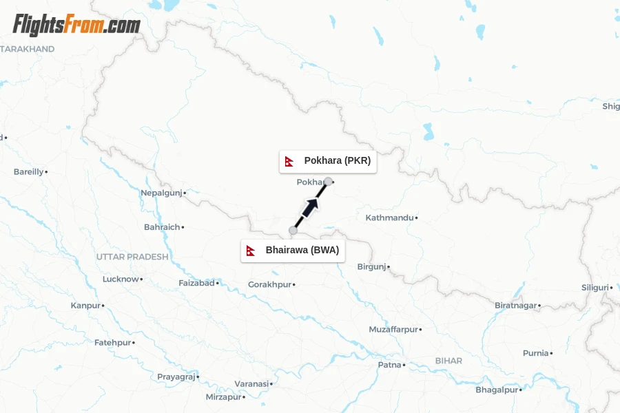 Flights from Bhairawa to Pokhara route map