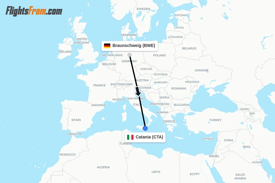 Flights from Braunschweig to Catania route map