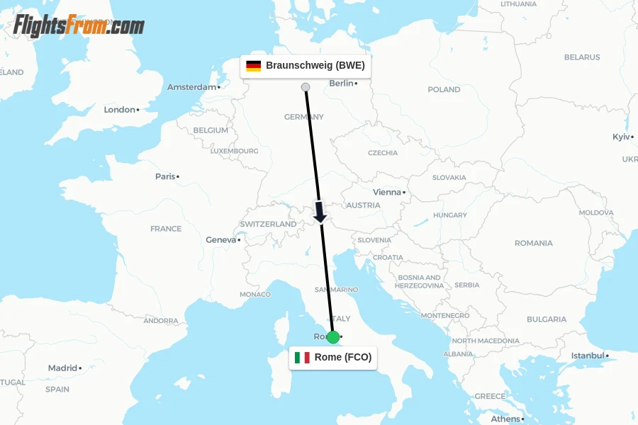 Flights from Braunschweig to Rome route map