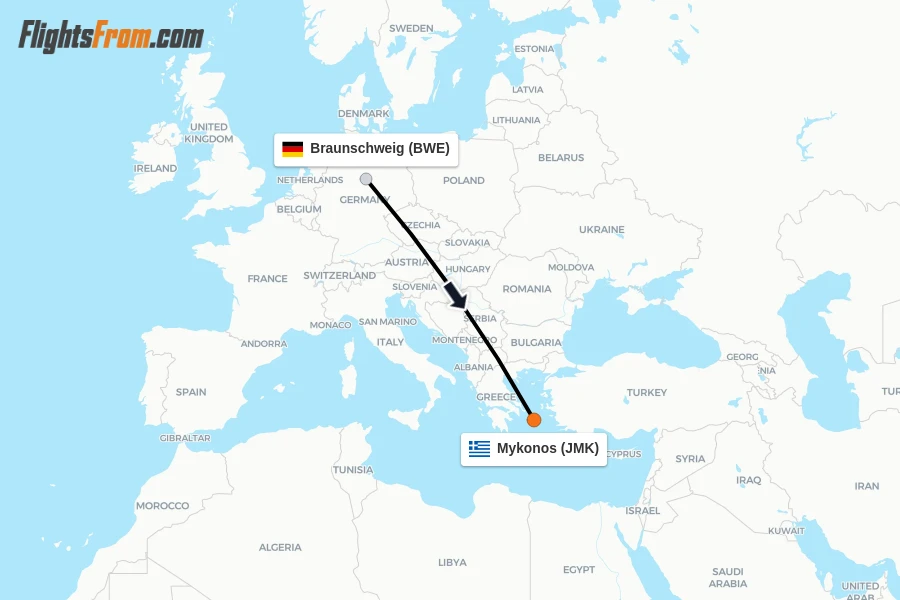 Flights from Braunschweig to Mykonos route map