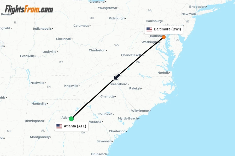 Flights from Baltimore to Atlanta route map