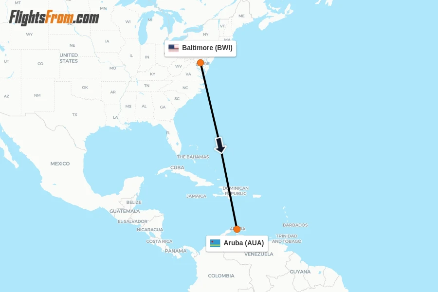 Flights from Baltimore to Aruba route map