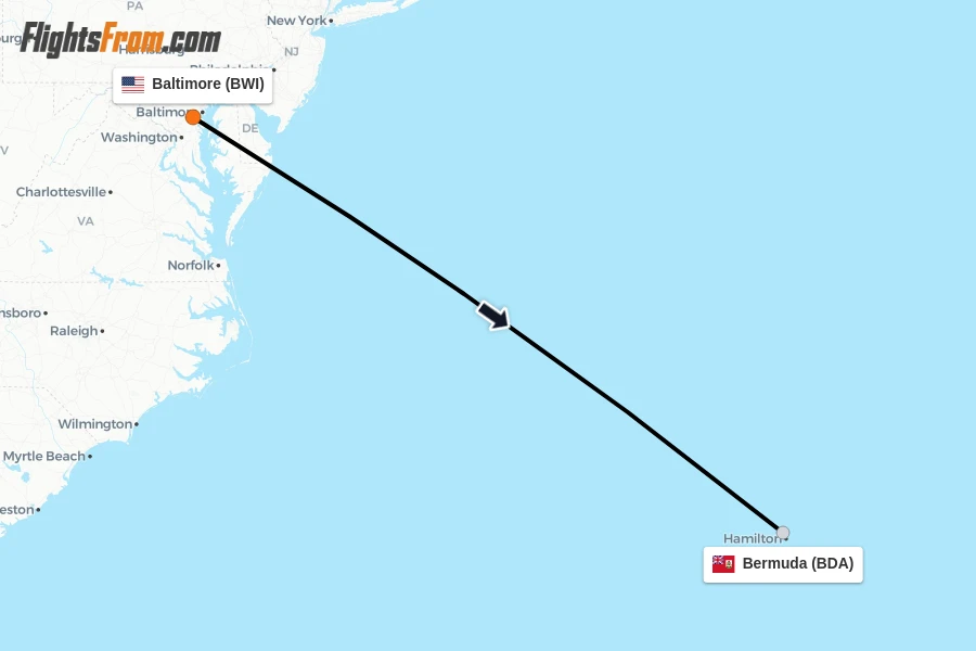 Flights from Baltimore to Bermuda route map