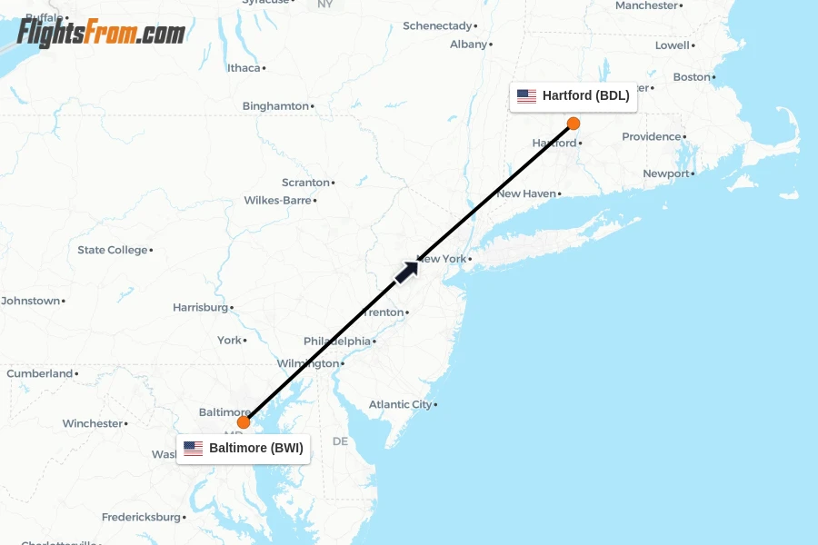 Flights from Baltimore to Hartford route map