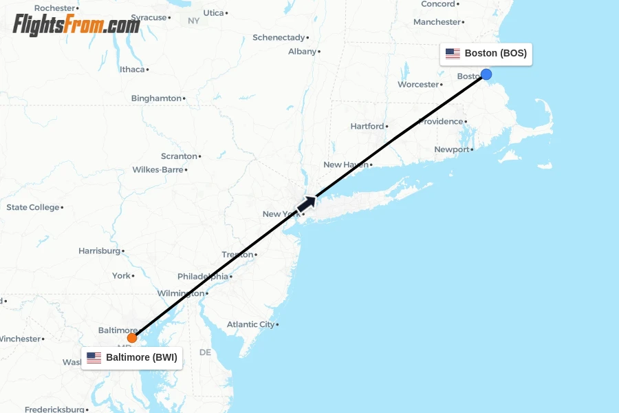 Flights from Baltimore to Boston route map