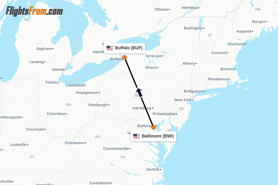 Flights from Baltimore to Buffalo route map